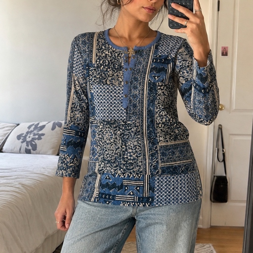 Lauren Ralph Lauren Blue Patchwork Paisley Henley Top boho western Cotton L